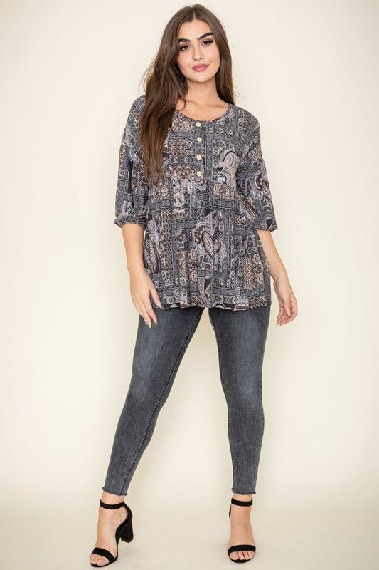 Button Accent Paisley Top-Charmful Clothing Boutique