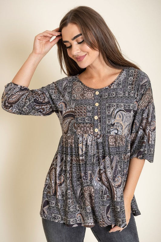 Button Accent Paisley Top-Charmful Clothing Boutique