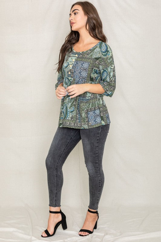 Button Accent Paisley Top-Charmful Clothing Boutique