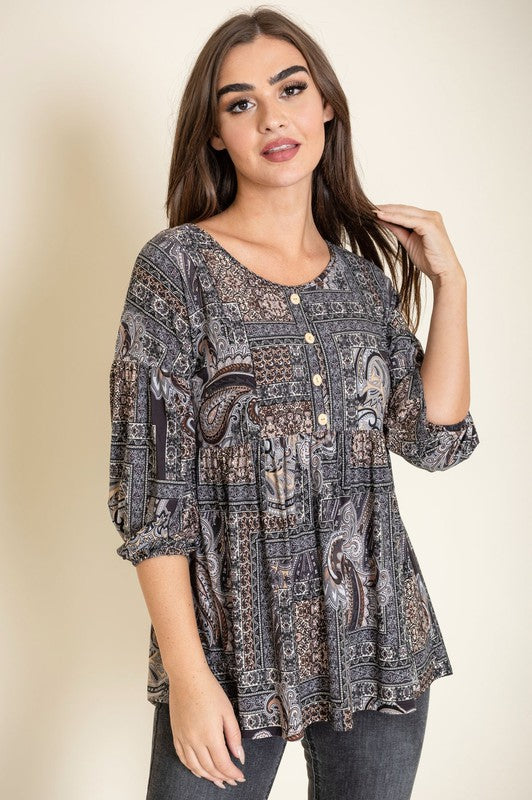 Button Accent Paisley Top-Charmful Clothing Boutique
