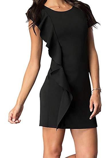 SHORT SLEEVE DRESS WITH ASYMMETRICAL RUFFLE-Charmful Clothing Boutique
