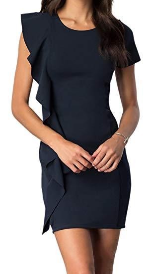 SHORT SLEEVE DRESS WITH ASYMMETRICAL RUFFLE-Charmful Clothing Boutique