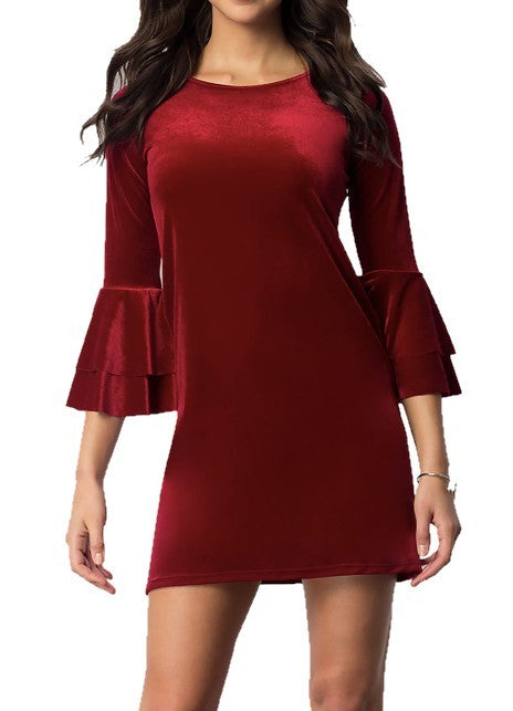 VELVET DOUBLE FLOUNCE 3/4 SLEEVE PARTY DRESS-Charmful Clothing Boutique