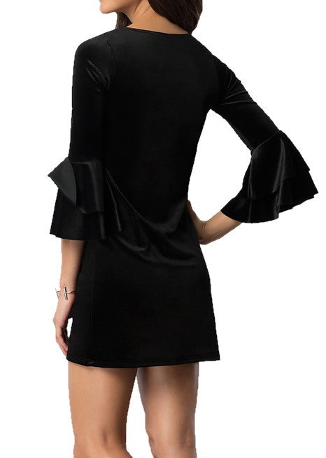 VELVET DOUBLE FLOUNCE 3/4 SLEEVE PARTY DRESS-Charmful Clothing Boutique