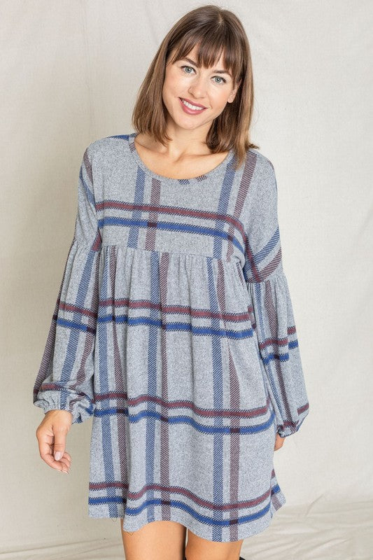 Plaid Empire Waist Balloon Sleeve Mini Dress-Charmful Clothing Boutique