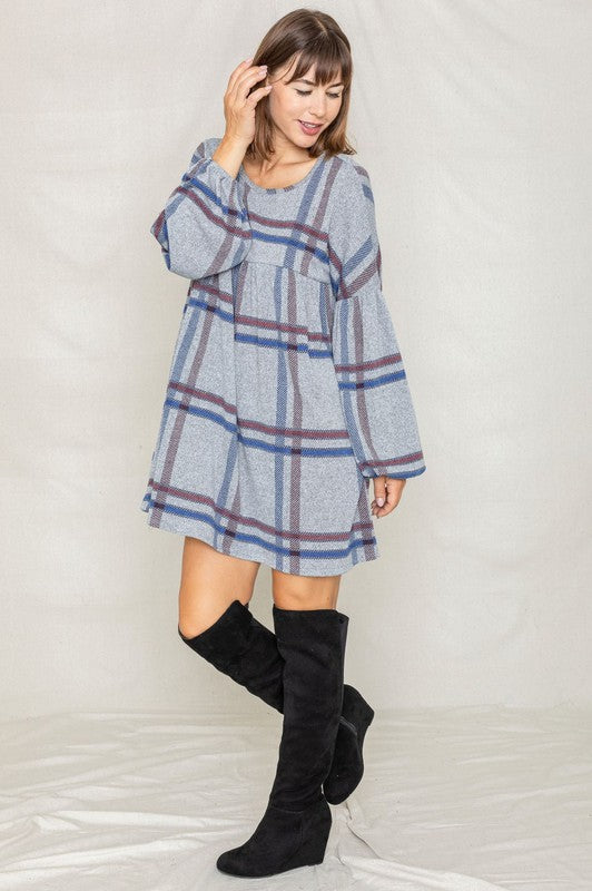 Plaid Empire Waist Balloon Sleeve Mini Dress-Charmful Clothing Boutique