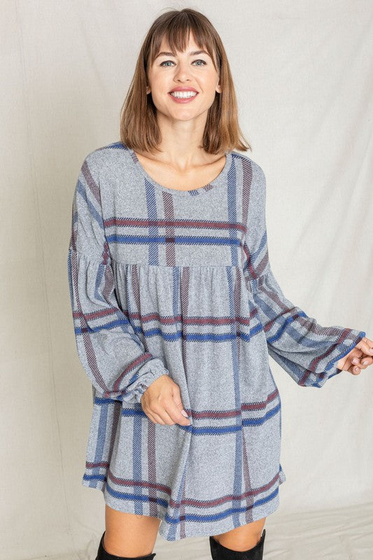 Plus Plaid Empire Waist Balloon Sleeve Mini Dress-Charmful Clothing Boutique