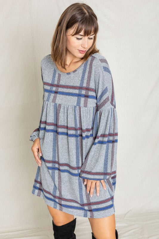 Plus Plaid Empire Waist Balloon Sleeve Mini Dress-Charmful Clothing Boutique