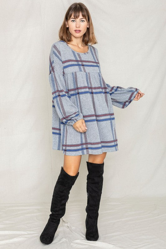 Plus Plaid Empire Waist Balloon Sleeve Mini Dress-Charmful Clothing Boutique