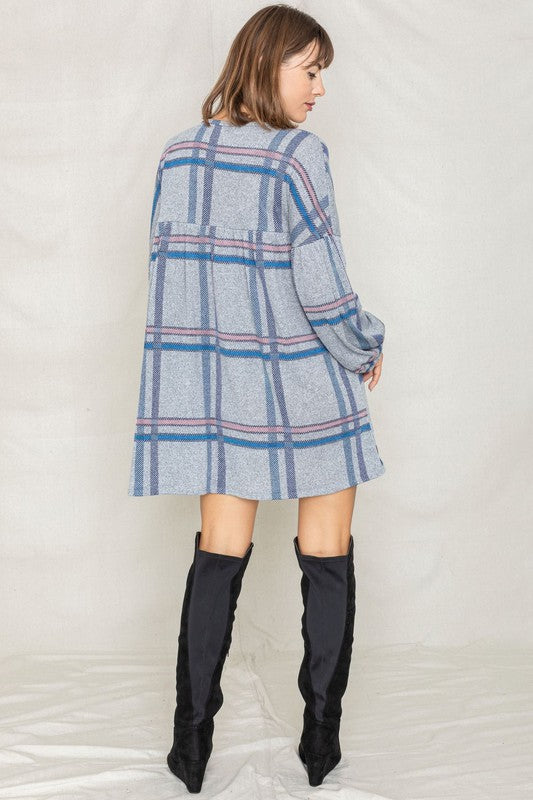 Plaid Empire Waist Balloon Sleeve Mini Dress-Charmful Clothing Boutique