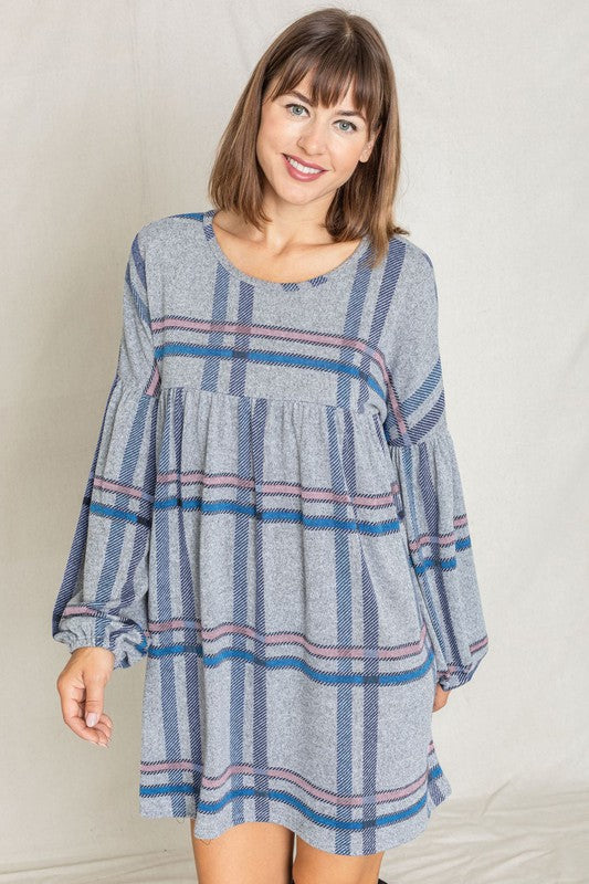 Plaid Empire Waist Balloon Sleeve Mini Dress-Charmful Clothing Boutique