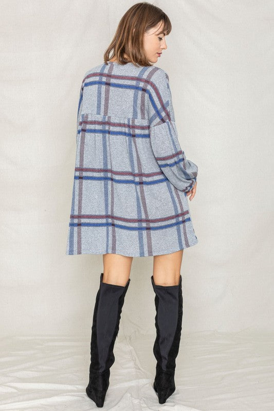 Plaid Empire Waist Balloon Sleeve Mini Dress-Charmful Clothing Boutique