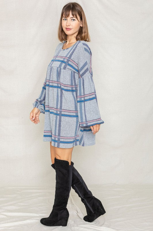 Plaid Empire Waist Balloon Sleeve Mini Dress-Charmful Clothing Boutique