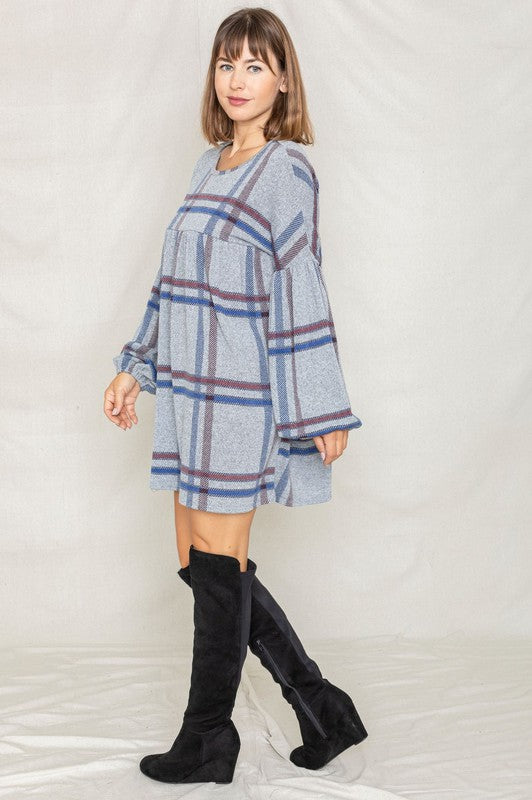 Plaid Empire Waist Balloon Sleeve Mini Dress-Charmful Clothing Boutique