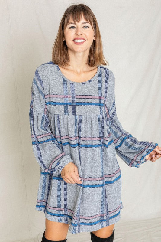Plaid Empire Waist Balloon Sleeve Mini Dress-Charmful Clothing Boutique