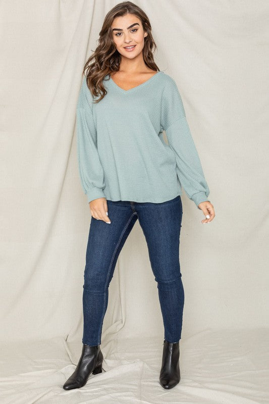 Balloon Sleeve V Neck Top-Charmful Clothing Boutique