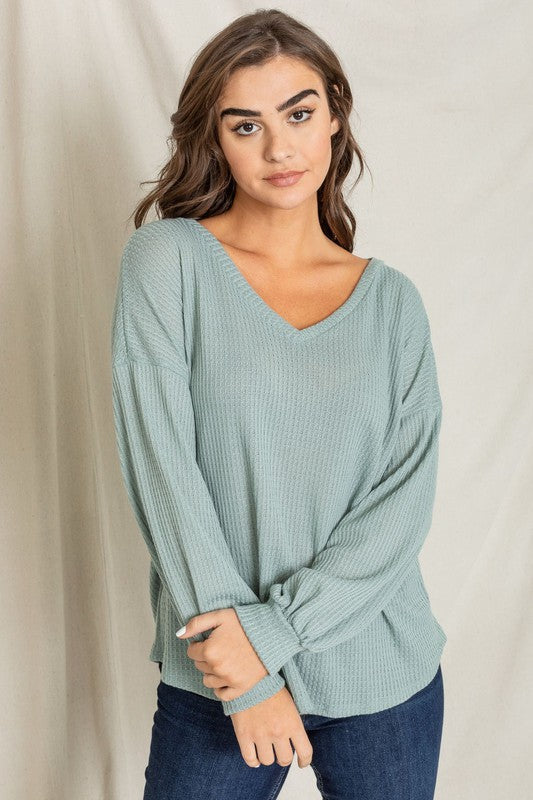Balloon Sleeve V Neck Top-Charmful Clothing Boutique