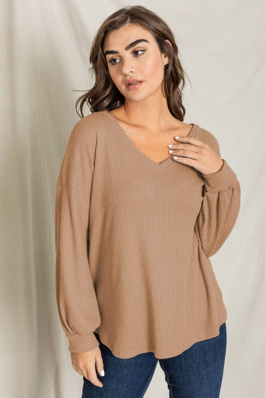 Balloon Sleeve V Neck Top-Charmful Clothing Boutique