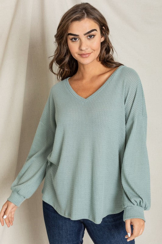 Balloon Sleeve V Neck Top-Charmful Clothing Boutique