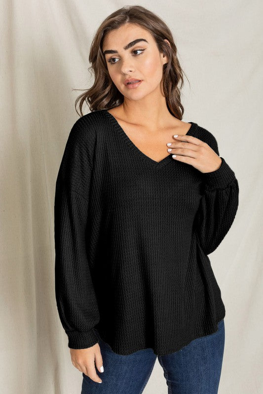 Balloon Sleeve V Neck Top-Charmful Clothing Boutique