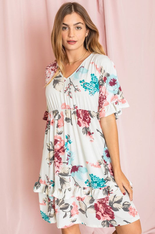 Floral V Neck Ruffle Dress-Charmful Clothing Boutique