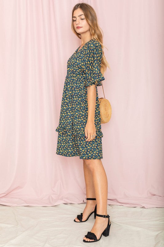 Floral V Neck Ruffle Dress-Charmful Clothing Boutique