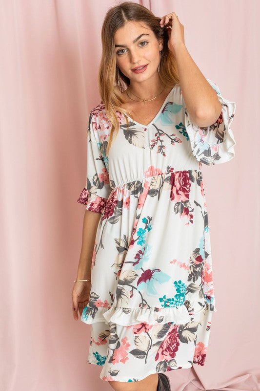 Floral V Neck Ruffle Dress-Charmful Clothing Boutique
