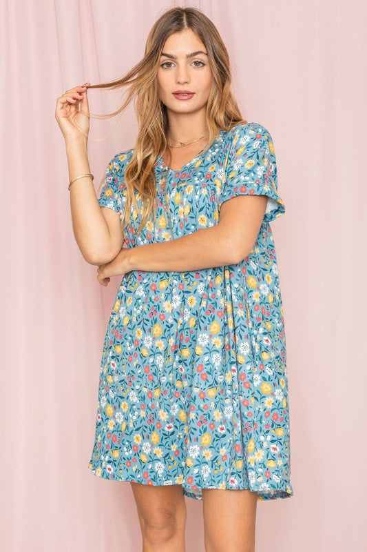 V-Neck Floral Baby Doll Dress-Charmful Clothing Boutique