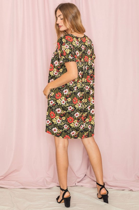 V-Neck Floral Baby Doll Dress-Charmful Clothing Boutique