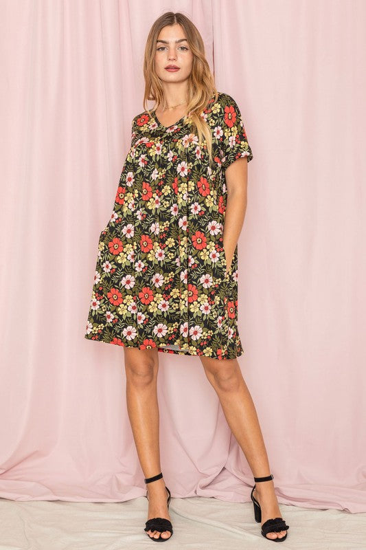 V-Neck Floral Baby Doll Dress-Charmful Clothing Boutique