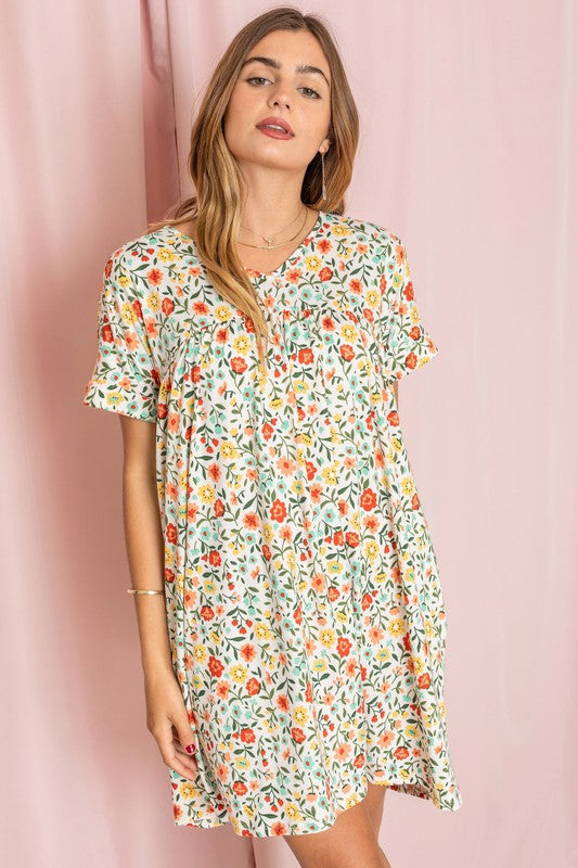 V-Neck Floral Baby Doll Dress-Charmful Clothing Boutique