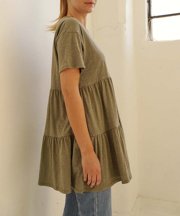 COTTON SLUB BABYDOLL SLV TUNIC DRESS-Charmful Clothing Boutique