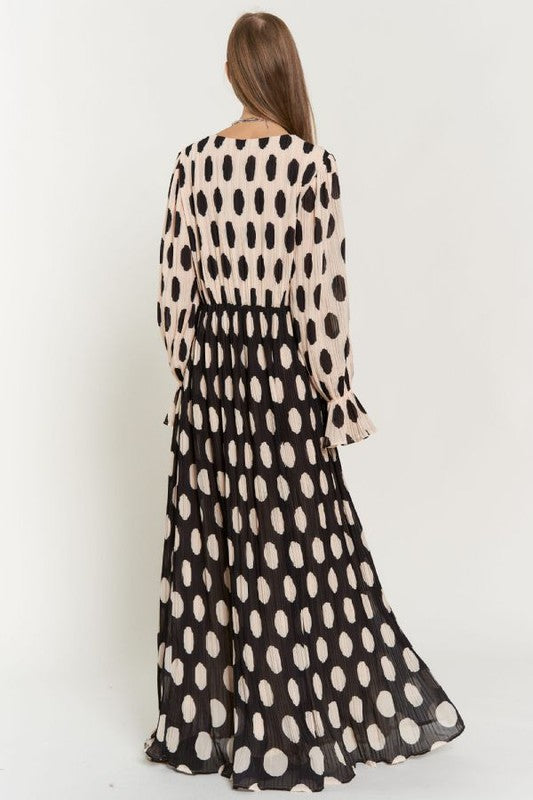 Polka Dot Ruffled Long Sleeve Pleated Maxi Dress-Charmful Clothing Boutique