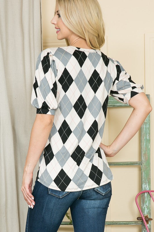 Argyle Print Puff Sleeve Knit Jersey Top-Charmful Clothing Boutique
