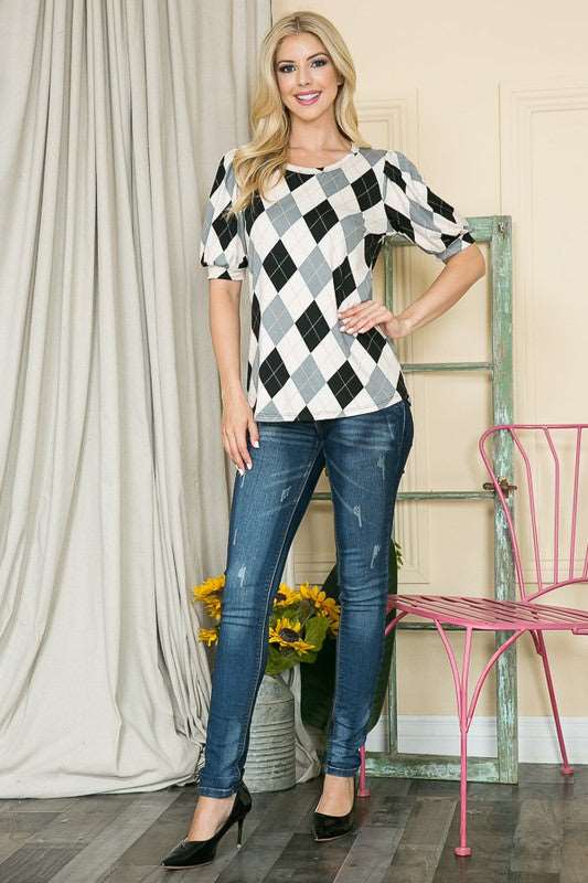 Argyle Print Puff Sleeve Knit Jersey Top-Charmful Clothing Boutique