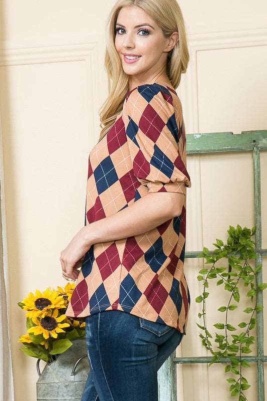 Argyle Print Puff Sleeve Knit Jersey Top-Charmful Clothing Boutique
