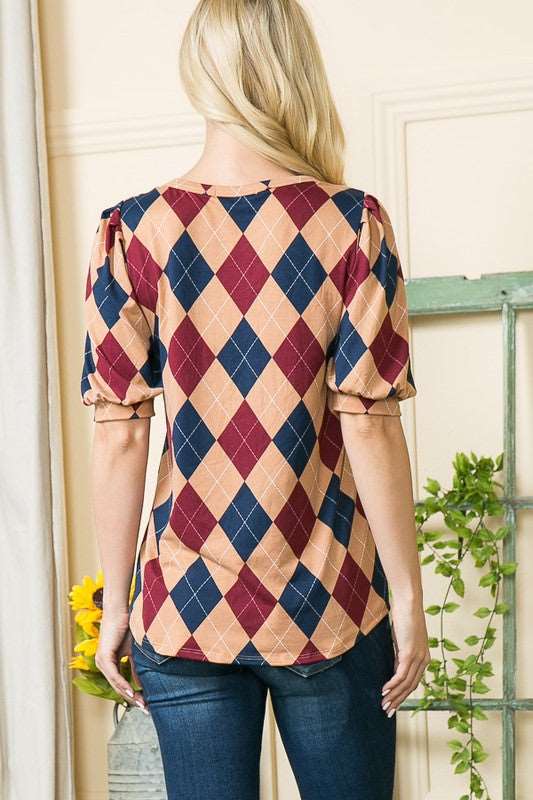Argyle Print Puff Sleeve Knit Jersey Top-Charmful Clothing Boutique