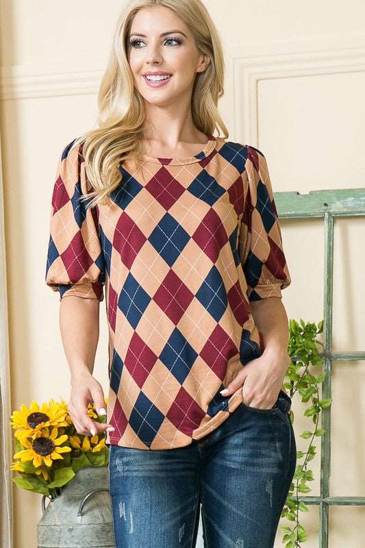 Argyle Print Puff Sleeve Knit Jersey Top-Charmful Clothing Boutique
