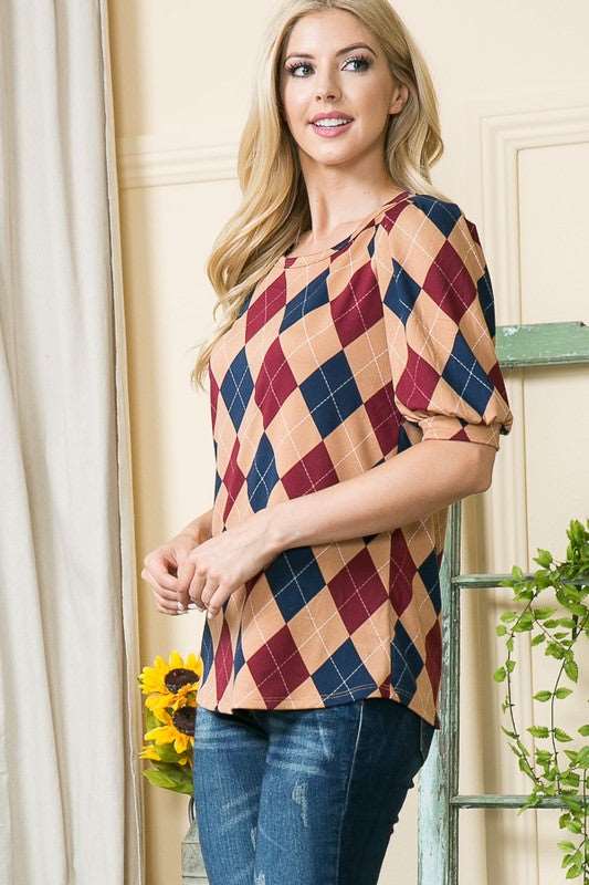 Argyle Print Puff Sleeve Knit Jersey Top-Charmful Clothing Boutique