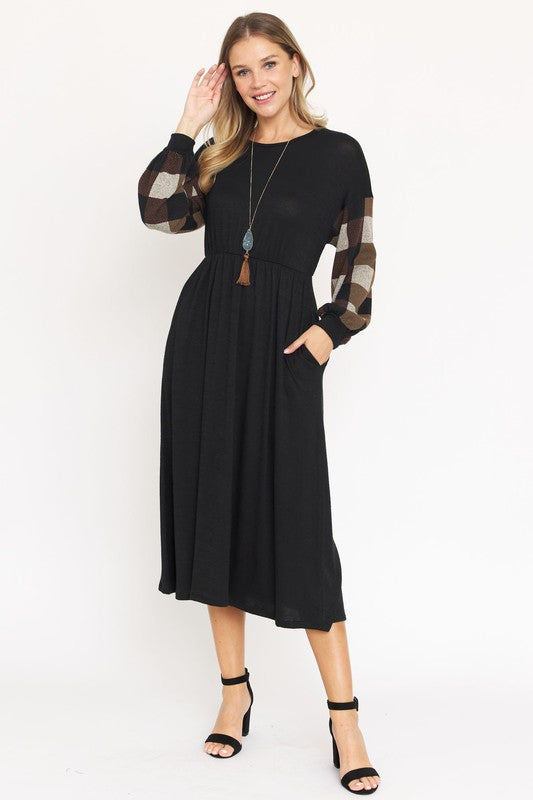 Knit Bishop Sleeve Tea Length Dress-Charmful Clothing Boutique