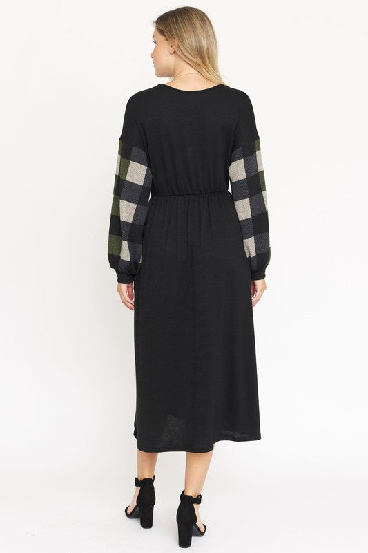 Knit Bishop Sleeve Tea Length Dress-Charmful Clothing Boutique
