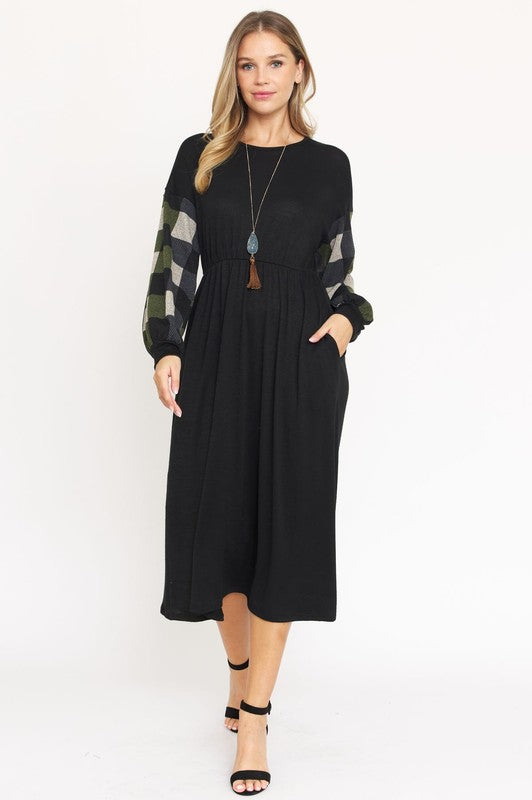 Knit Bishop Sleeve Tea Length Dress-Charmful Clothing Boutique