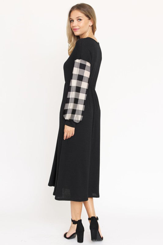 Knit Bishop Sleeve Tea Length Dress-Charmful Clothing Boutique