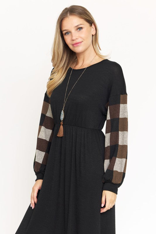 Knit Bishop Sleeve Tea Length Dress-Charmful Clothing Boutique
