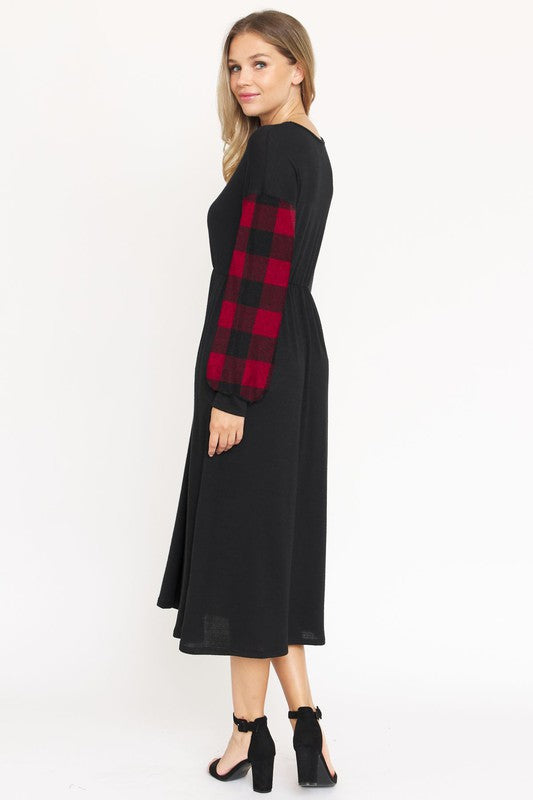 Knit Bishop Sleeve Tea Length Dress-Charmful Clothing Boutique