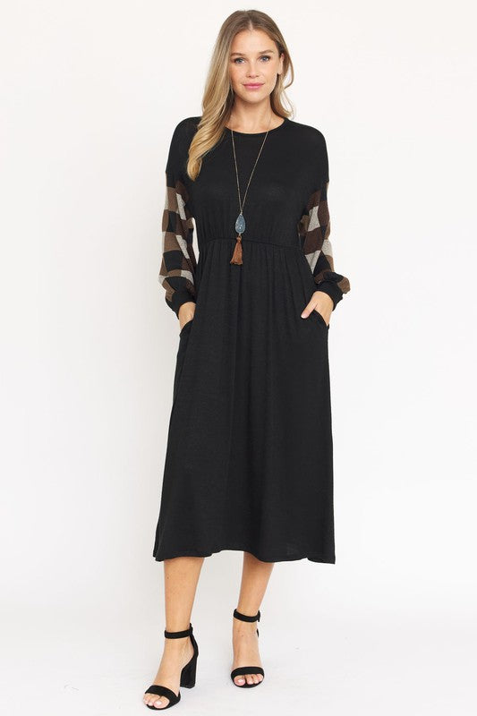 Knit Bishop Sleeve Tea Length Dress-Charmful Clothing Boutique