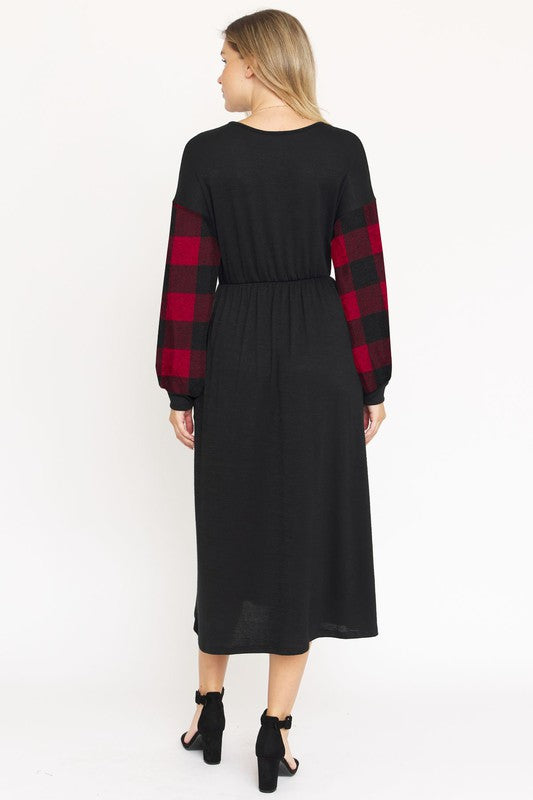 Knit Bishop Sleeve Tea Length Dress-Charmful Clothing Boutique