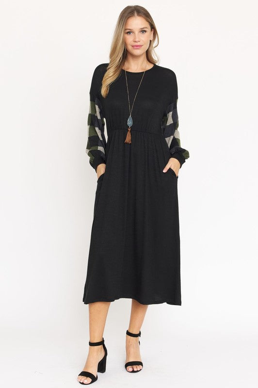 Knit Bishop Sleeve Tea Length Dress-Charmful Clothing Boutique
