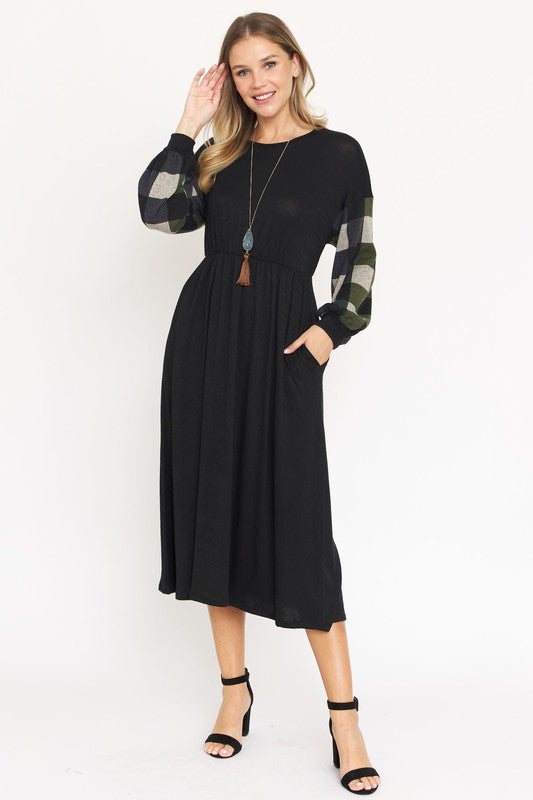 Knit Bishop Sleeve Tea Length Dress-Charmful Clothing Boutique