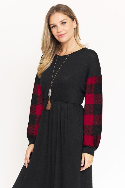 Knit Bishop Sleeve Tea Length Dress-Charmful Clothing Boutique